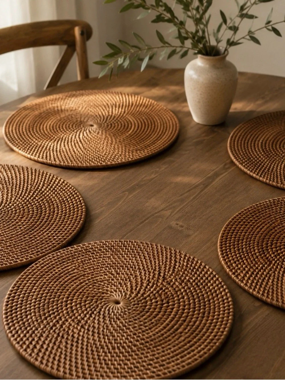 Set of 5 Woven Rattan Round Placemats 16” Boho Table Decor